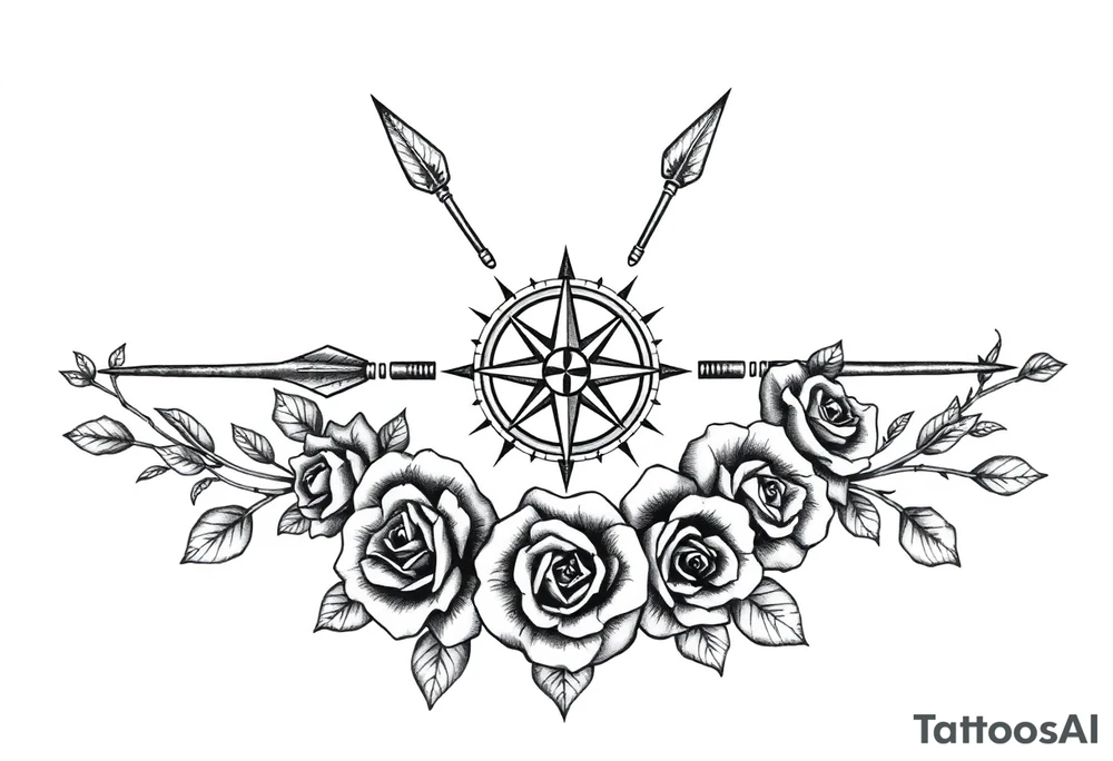 Detailed arrows with compass over top and beautiful rose vines around tattoo idea