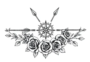 Detailed arrows with compass over top and beautiful rose vines around tattoo idea