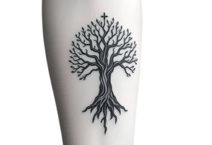 mystical tree of life with cosmic roots and celestial branches tattoo idea