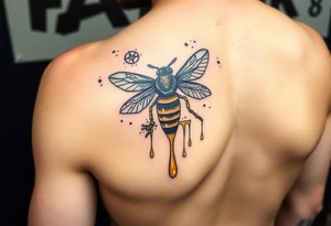 honeycomb with bee and dripping honey on a steampunk design on the upper arm tattoo idea
