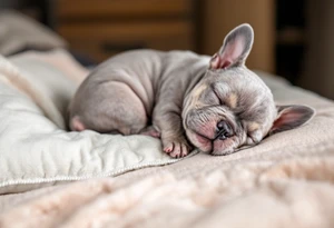 Sleeping French Bulldog puppy curled up in a ball, with light gray fur and subtle cream highlights, set on a cozy pillow. tattoo idea