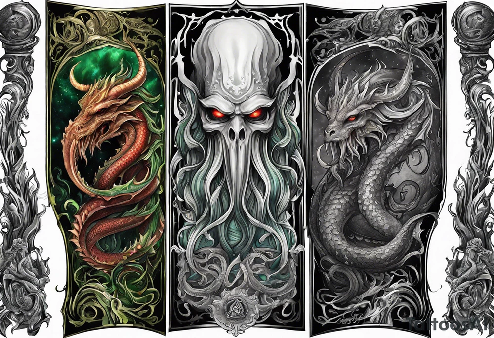 Cthulhu wrap around arm sleeve with other eldritch beasts tattoo idea