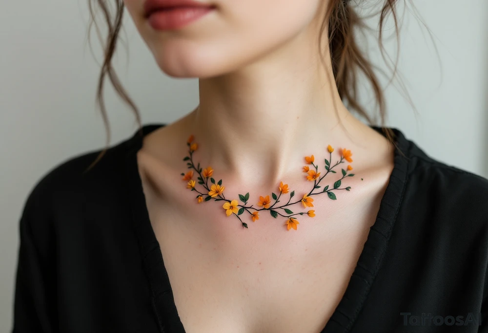 Two separate collarbone tattoos of long branches covered with orange, yellow and dark forest green leaves and flowers, academia, witchy, muted, delicate and gentle but moody, following the collarbone. More muted, not so bright, darker colors. Fewer amount of leaves, larger leaves. Less flowers and leaves. tattoo idea