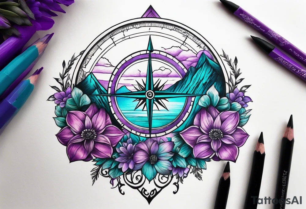 mountain in front of a compass rose 
with purple and teal sky, and purple and teal flowers in the foreground tattoo idea