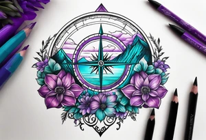 mountain in front of a compass rose 
with purple and teal sky, and purple and teal flowers in the foreground tattoo idea