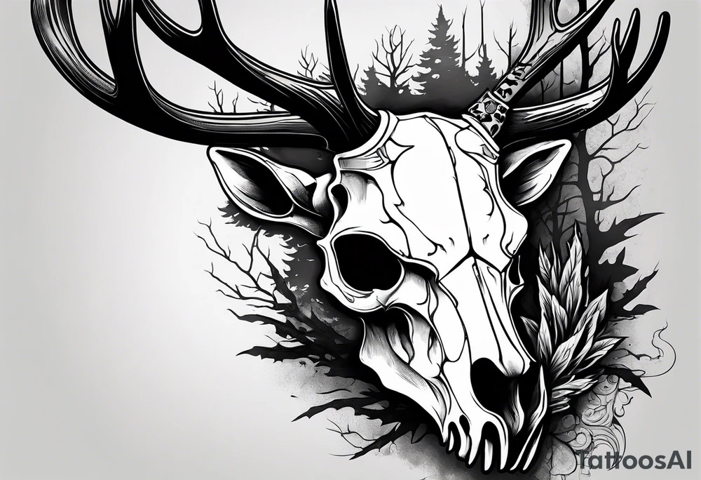 A SCARY side view of a decayed deer skull NO SKIN JUST BONE surrounded by a forest fire in background tattoo idea