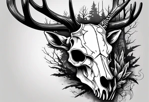 A SCARY side view of a decayed deer skull NO SKIN JUST BONE surrounded by a forest fire in background tattoo idea