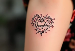 A delicate black and pink line-art heart with the word “Daughter” written in elegant cursive across the center. tattoo idea