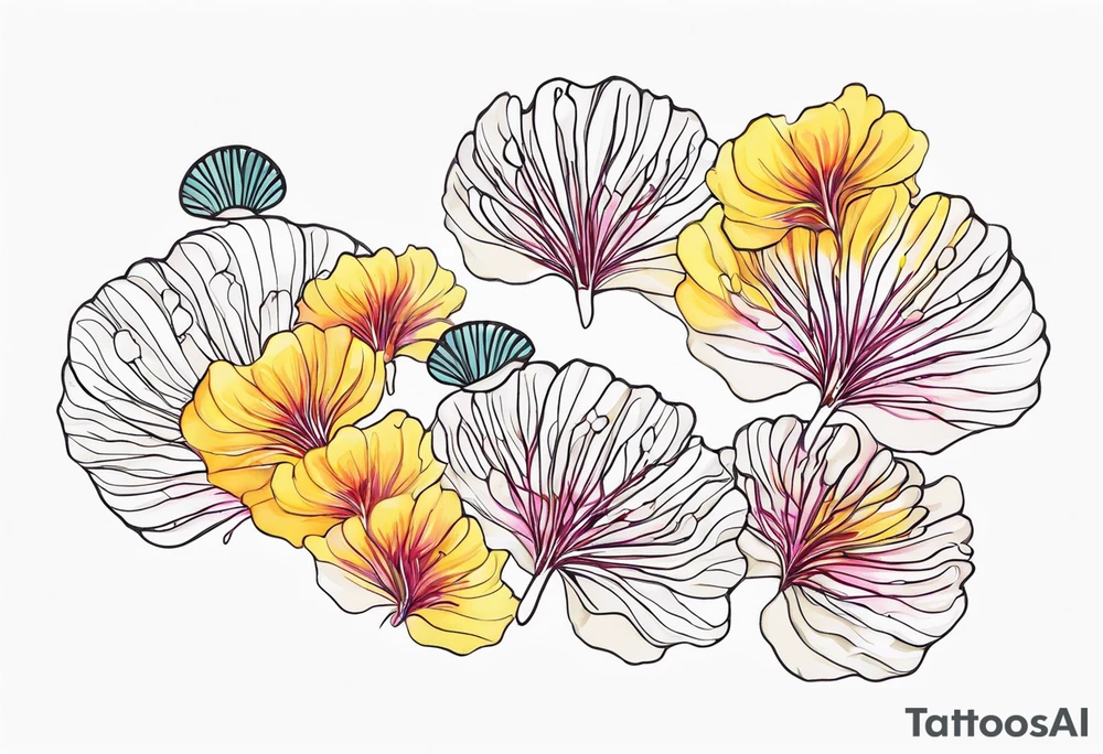 2 Albizia julibrissin blossoms floating with bivalve shells mixed in creating movement tattoo idea