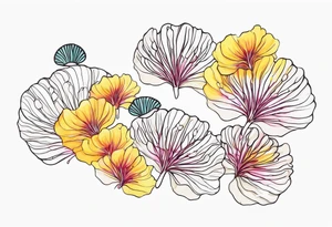 2 Albizia julibrissin blossoms floating with bivalve shells mixed in creating movement tattoo idea