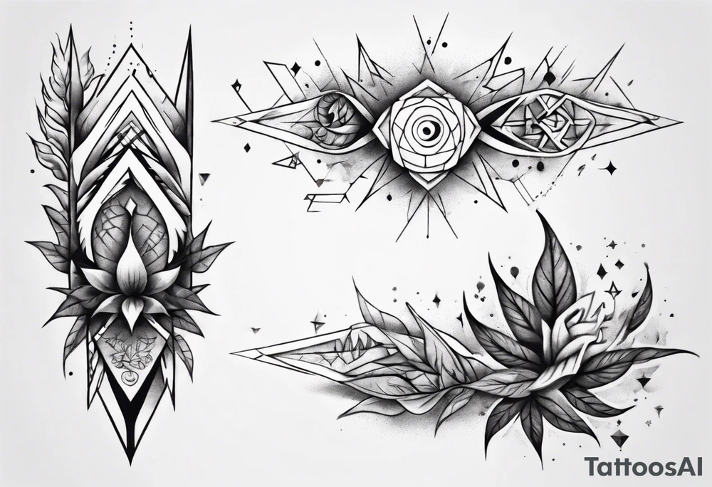 full arm tattoo. scary pointy leaves combined with geometric shapes. whole arm tattoo idea