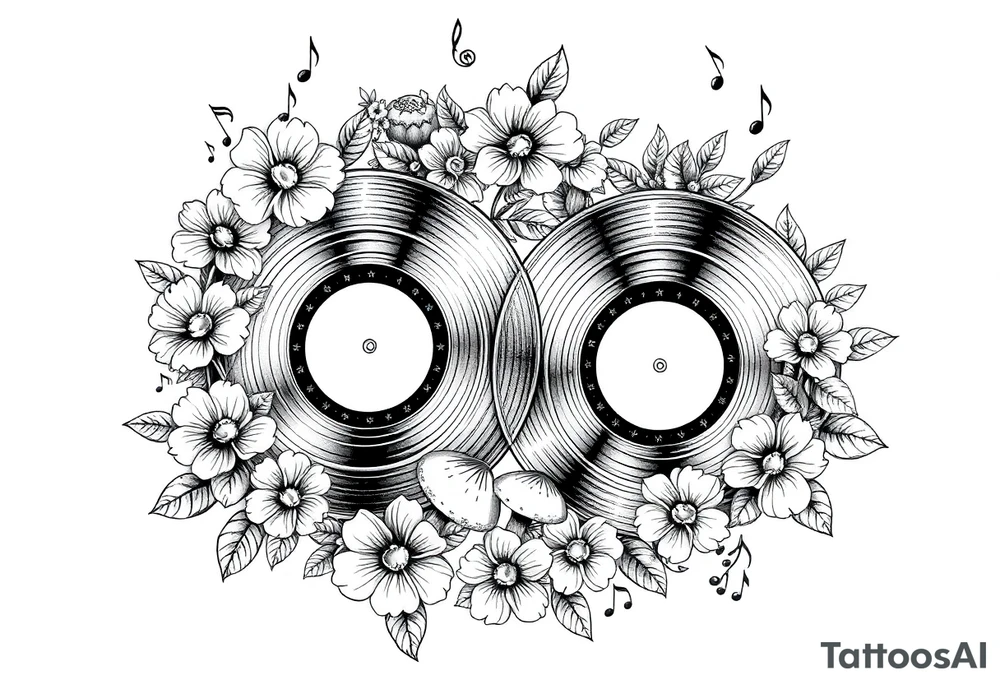 two vinyl records surrounded by flowers, mushrooms, and music notes tattoo idea