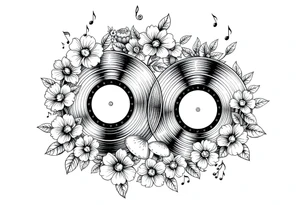 two vinyl records surrounded by flowers, mushrooms, and music notes tattoo idea