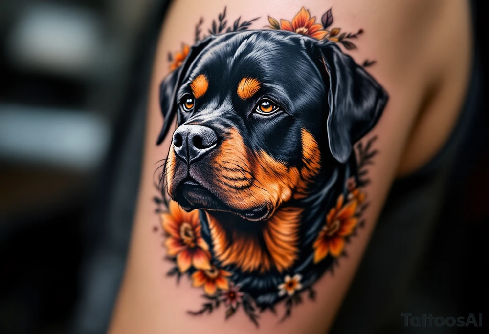 Neo-Traditional Rottweiler – A bold, detailed Rottweiler design with clean lines, saturated black and orange-brown fur, and bright traditional-style flowers around it. tattoo idea