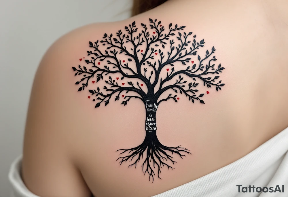 Tree shaped like a human silhouette, trunk forming the body, branches as arms. Names "Tereza, Adam, Josef, Klára"  spiraling up the limbs, roots forming “Family is forever” in script. Black and gray realism with subtle red accents. tattoo idea
