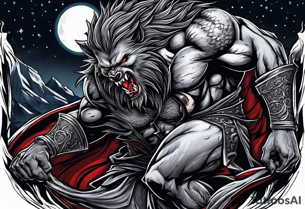 Muscular werewolf fighting a vampire under the moon tattoo idea
