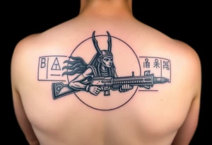 "Anubis in a ufo, holding a tommy gun. . Hieroglyph background spells 'BaC TO THE MOON'.  

Style: Art Deco meets cyber-Egyptian. Black/red/gold ink. Forearm sleeve." tattoo idea