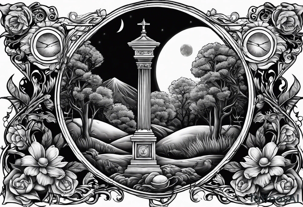 graveyard with moon and sundial tattoo idea