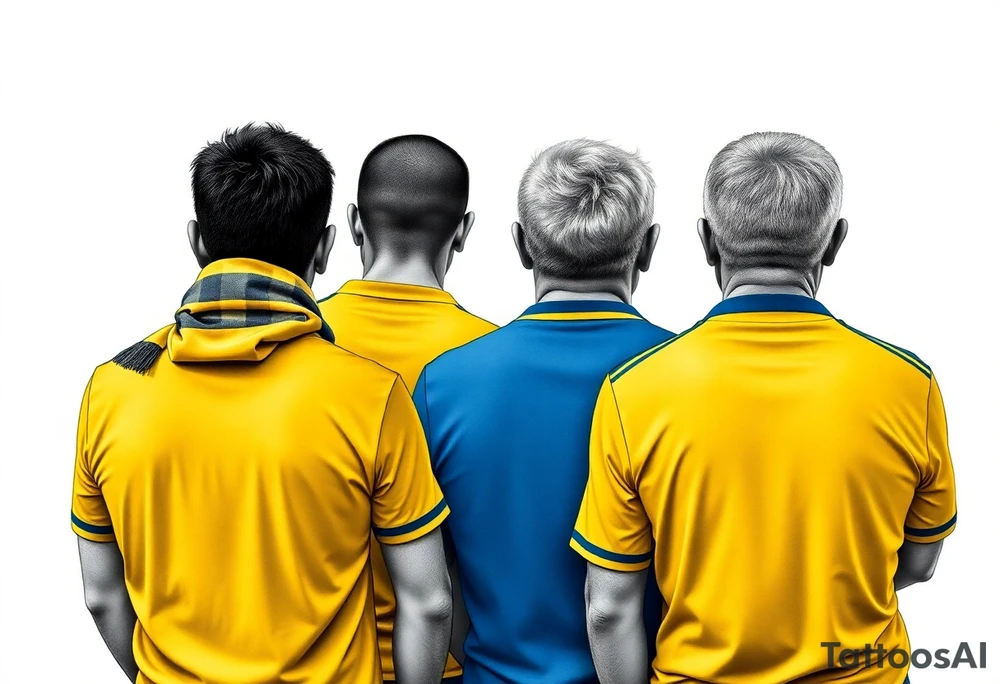 4 soccer fans from their backs, wearing yellow blue shirts. the second one from left having a kid on his shoulders, and he's rising a scarf.
the right one is older, more fat and shorter and wearing an shirt with the number 7 on it and has on his shoulders line like adidas
the left on has a yellow-blue Checkered on his shirt tattoo idea