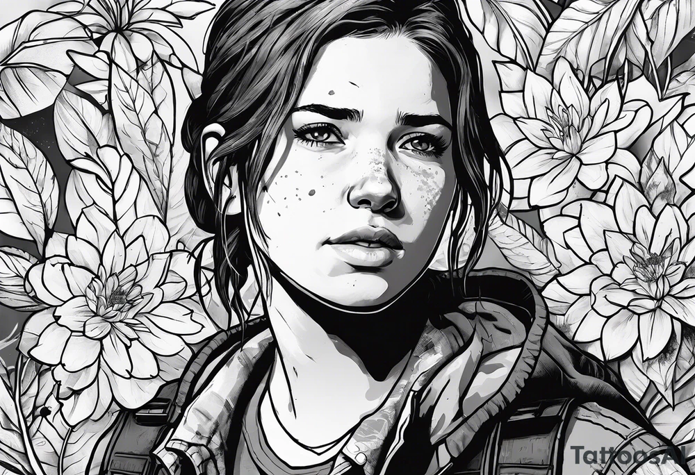 Ellie from the game series The Last of Us, including her tattoo and infected clickers tattoo idea