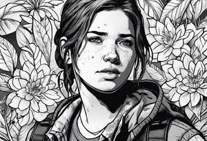 Ellie from the game series The Last of Us, including her tattoo and infected clickers tattoo idea