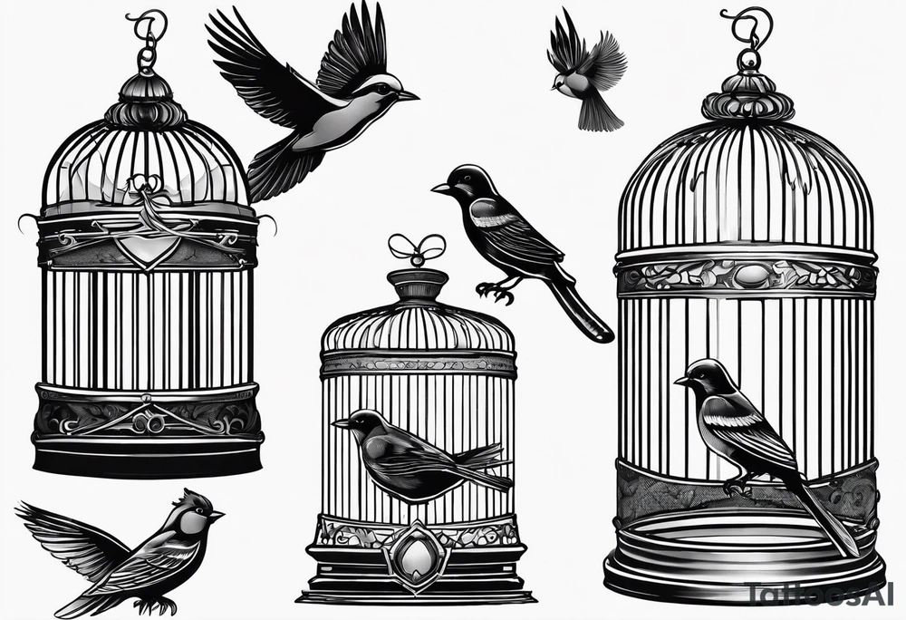 A simple open bird cage with a bird flying out tattoo idea