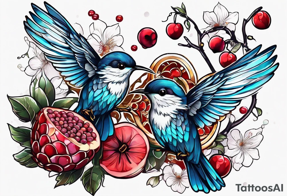 Two birds, two bees, red fruit tattoo idea