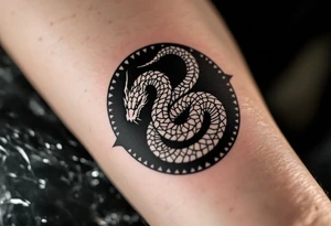 A white ouroboros (snake eating its own tail) on a black circular background, symbolizing eternal safety. tattoo idea