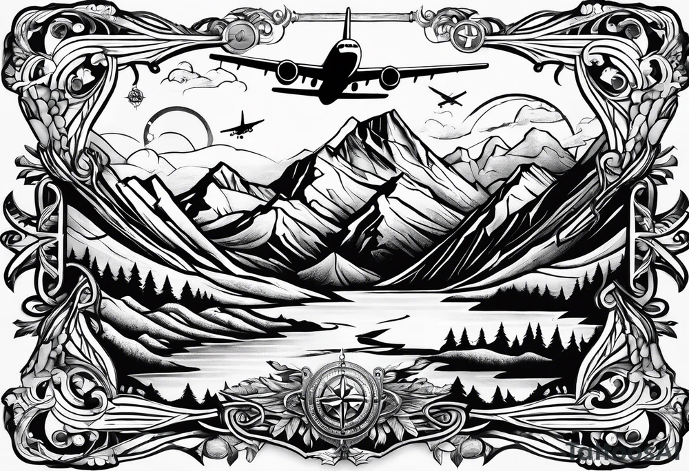 The word "HARK" with a mountain, compass and an airplane tattoo idea