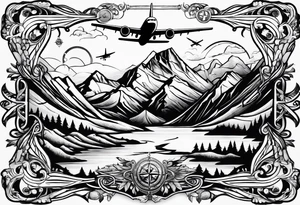 The word "HARK" with a mountain, compass and an airplane tattoo idea