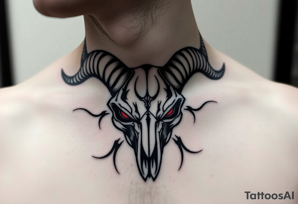 Evil Abstract looking taurus skull chest tattoo with red eyes tattoo idea