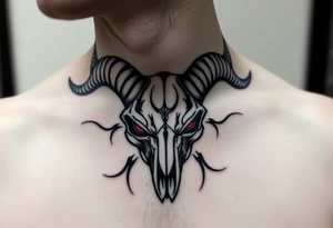 Evil Abstract looking taurus skull chest tattoo with red eyes tattoo idea