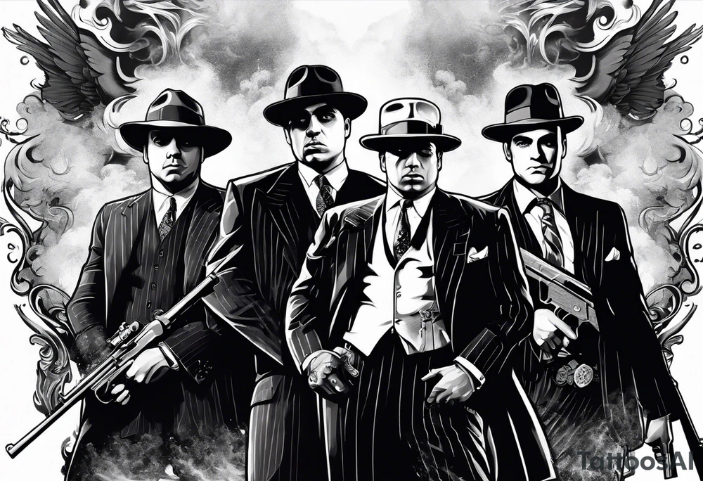 group of gangsters including Al Capone and bonnie and Clyde with machine guns surrounded by smoke and fire tattoo idea