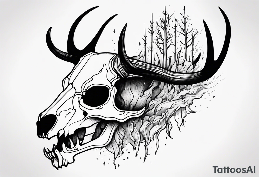 side profile of a DECAYING deer skull JUST BONE surrounded by a flames and trees tattoo idea