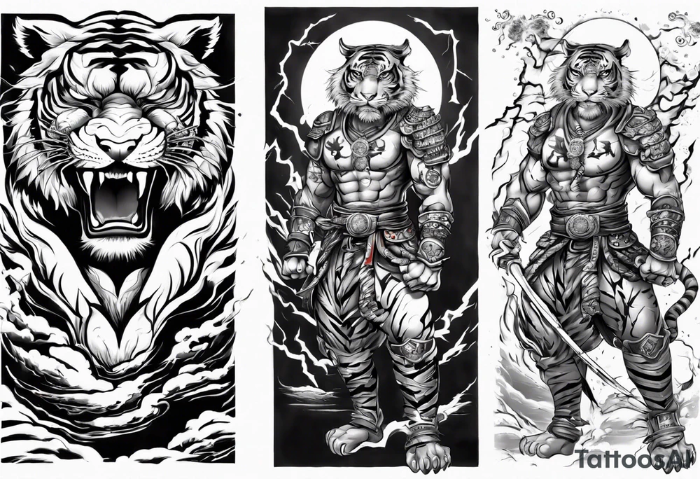 tiger warrior with lightning and the sun for a forearm sleeve tattoo idea