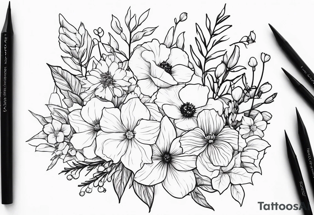 Floral Bouquet with blue hydrangea, Gladiolus, Poppy, Daisy, Sweet Pea, Narcissus, Poinsettia, and Holly tattoo idea