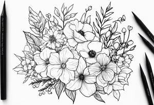 Floral Bouquet with blue hydrangea, Gladiolus, Poppy, Daisy, Sweet Pea, Narcissus, Poinsettia, and Holly tattoo idea