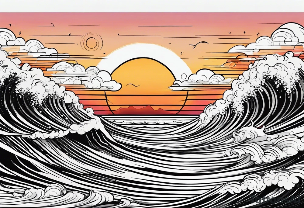 You're adding way too much. hand drawn minimal sunset. Only waves and sunset in the image. tattoo idea