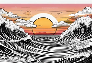 You're adding way too much. hand drawn minimal sunset. Only waves and sunset in the image. tattoo idea