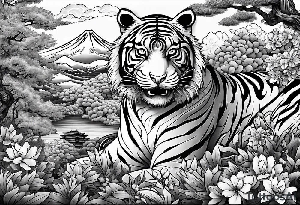 fresque héroique, complexe, beaucoup de détails, samourai, tigre, jardin japonais tattoo idea