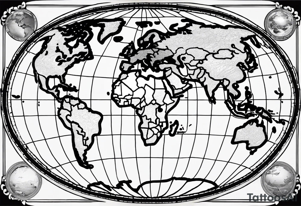 the earth on a flat map with no shading placed on a grid with only the lines with accurate depictions of the borders in countries while having it in an oval/circular position on a grid without any borders on the sides while having the countries not have such bold borders tattoo idea