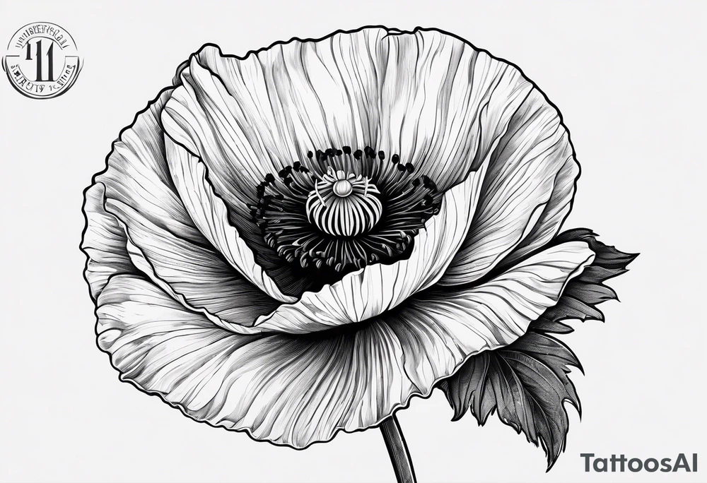 Poppy flower with the date 1/15/22 in Roman numerals tattoo idea