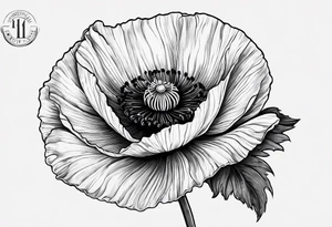 Poppy flower with the date 1/15/22 in Roman numerals tattoo idea