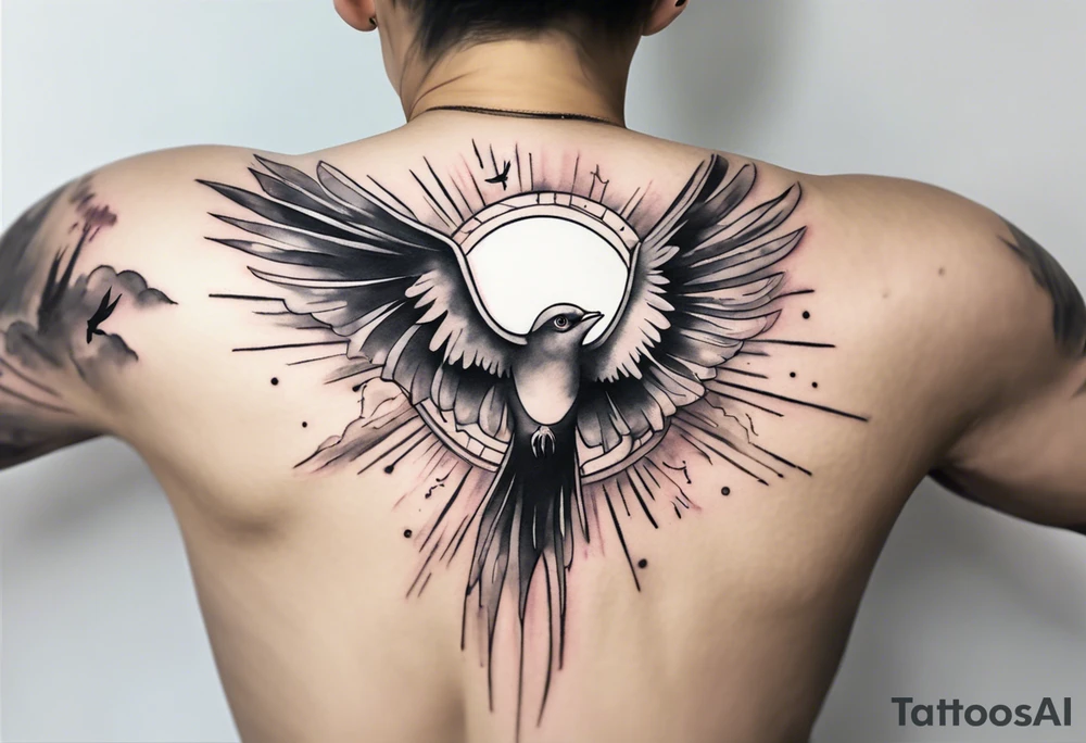 a shoulder tattoo with lots of rays of light in gradient starting from the middle
, clouds and birds flying free tattoo idea