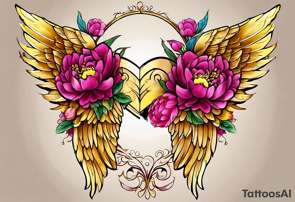 beautiful golden yellow angel wings with colorful hot pink, burgundy, peonies. beautiful flilligree in the background , full color tattoo idea