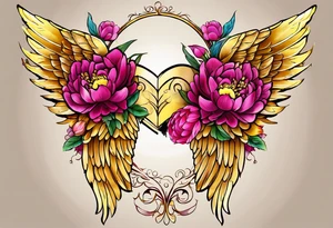 beautiful golden yellow angel wings with colorful hot pink, burgundy, peonies. beautiful flilligree in the background , full color tattoo idea
