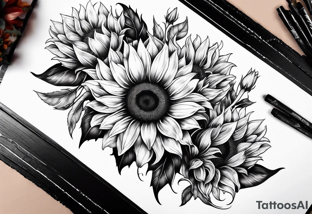 Leg sleeve sunflower tattoo idea