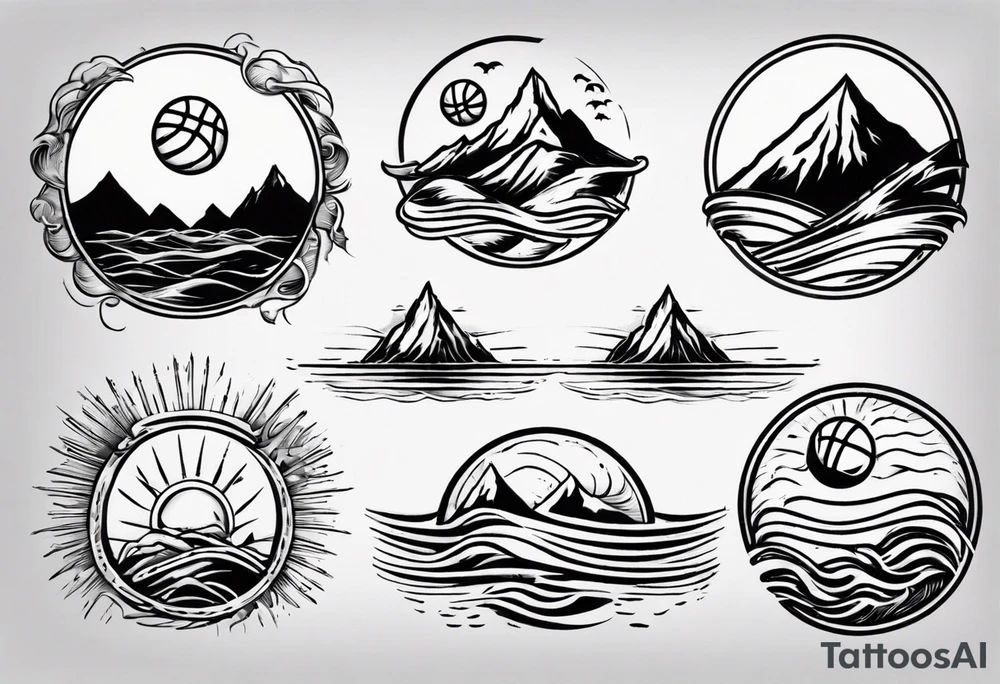 basketball, waves, mountains, sun tattoo idea