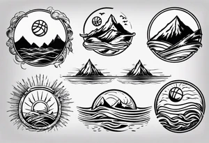 basketball, waves, mountains, sun tattoo idea