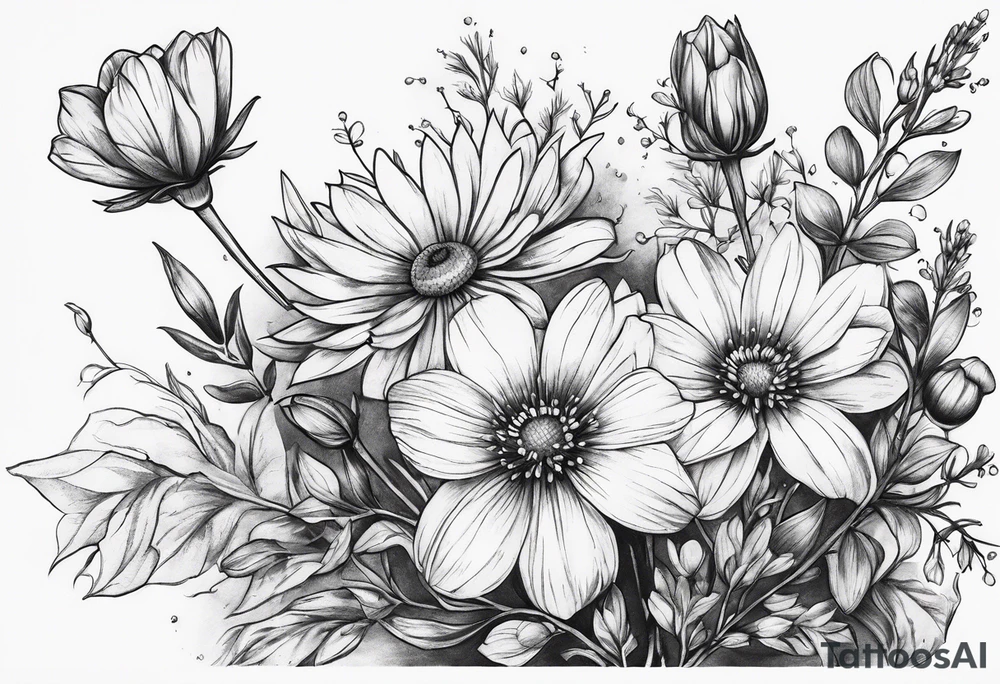 long stem wildflower bouquet tattoo idea